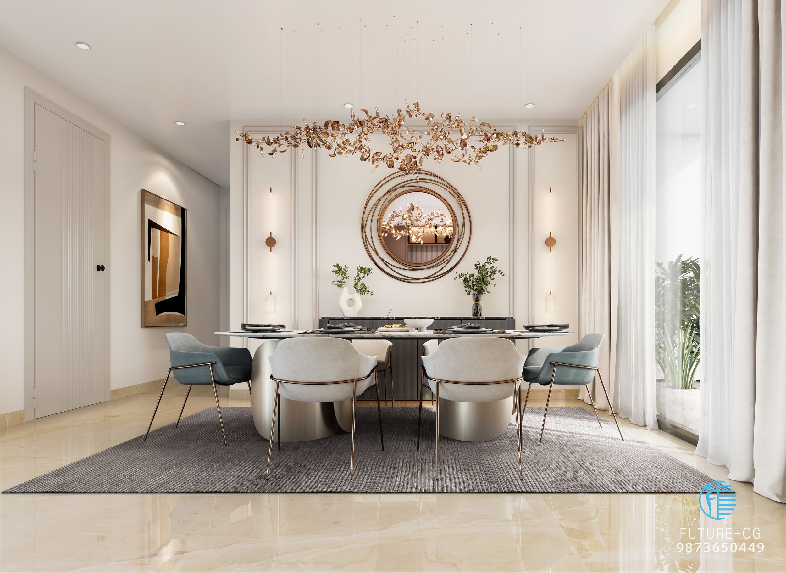 Modern dining room with a round table surrounded by six chairs, a chandelier with leaves, and decorative wall mirrors with plants on a sideboard.