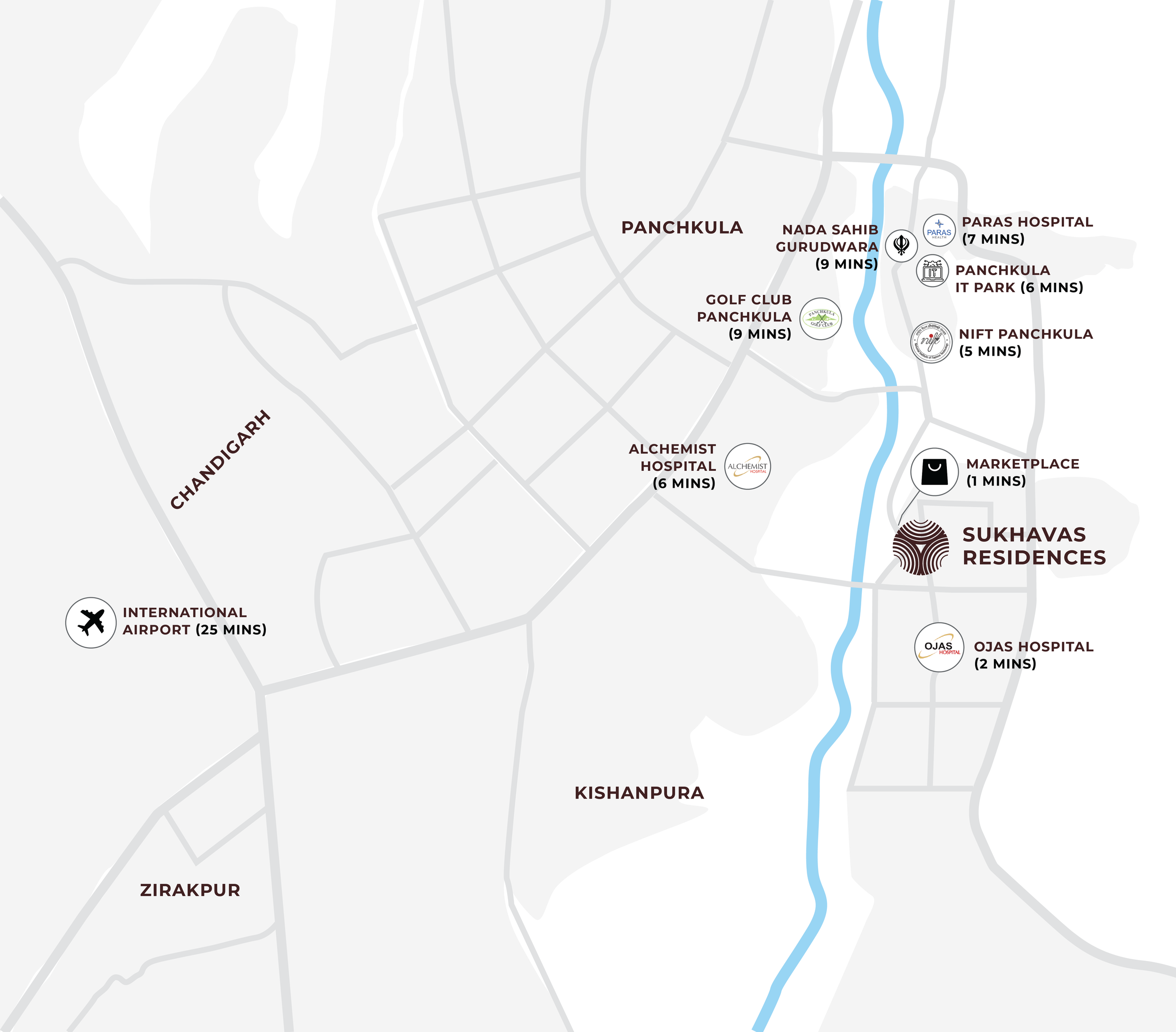 Map showing the Sukhavas Residences location and nearby landmarks such as hospitals, golf clubs, the airport, the city of Panchkula, Chandigarh, Zirakpur, and Kishanpura, with distances in minutes.