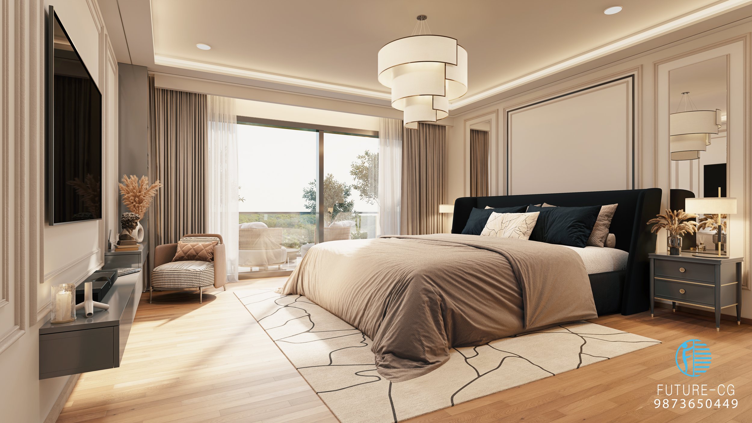 Modern bedroom with a large bed, black headboard, beige bedding, nightstands with lamps, a sitting chair, a TV on the wall, a balcony with outdoor seating, and hardwood floors.