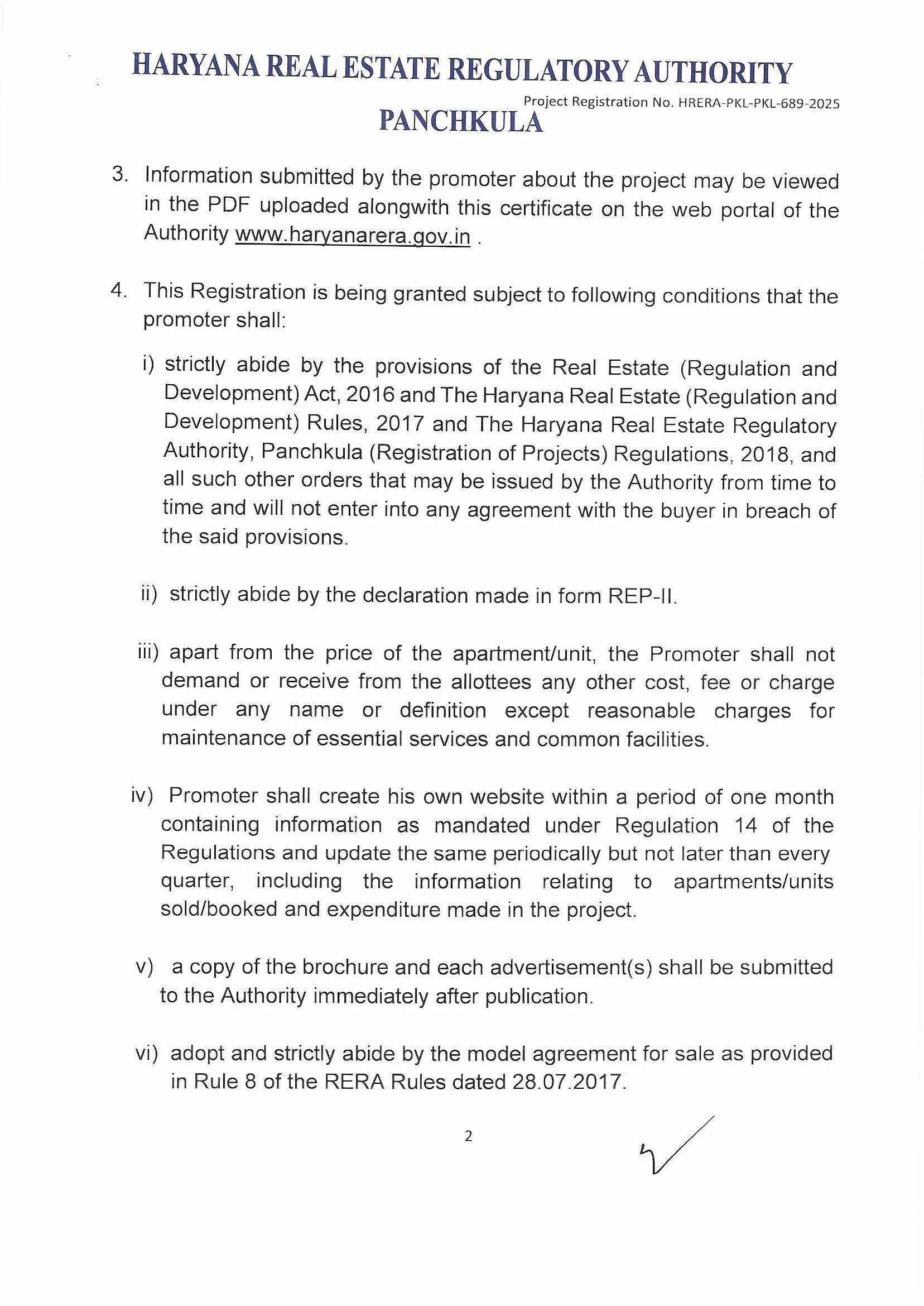 Official document from the Haryana Real Estate Regulatory Authority regarding project registration in Panchkula, including conditions for project approval and rules for promoters.