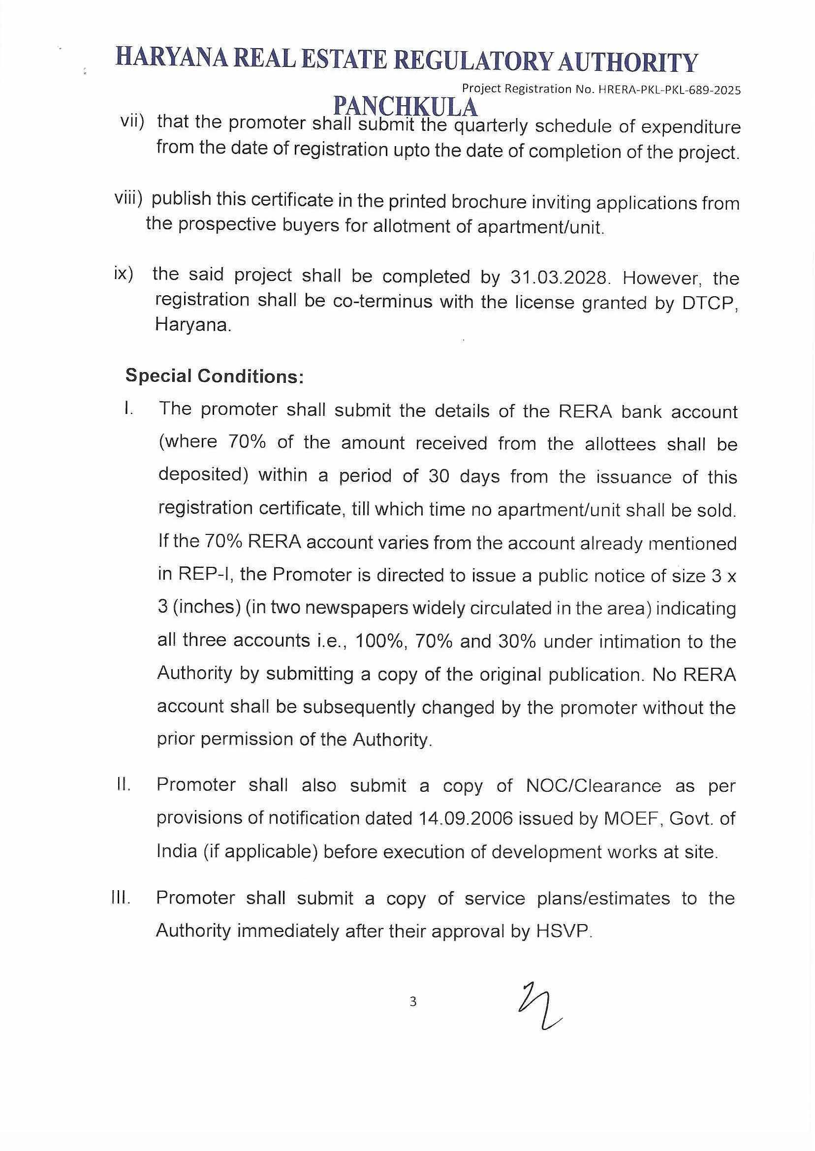 Official document from Haryana Real Estate Regulatory Authority. Contains project registration details, special conditions regarding bank account deposits, submission of NO/C clearance, and service plans for a project in Panchkula.