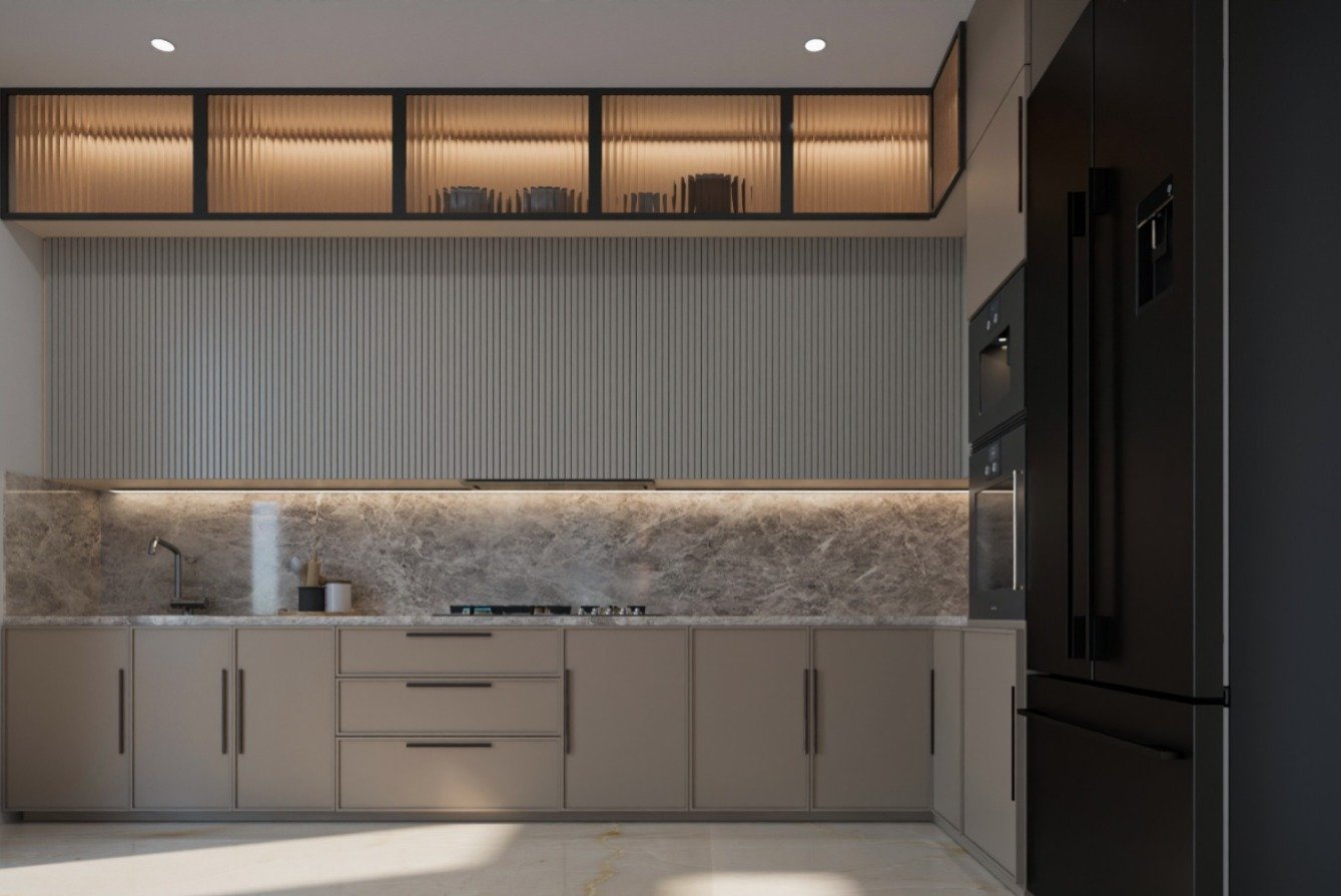 Modern bedroom with black and white decor, large bed with beige and black pillows, black nightstand with lamp and decorative items, wood flooring, white walls with molding, large window with dark curtains, and a flat-screen TV on the wall.