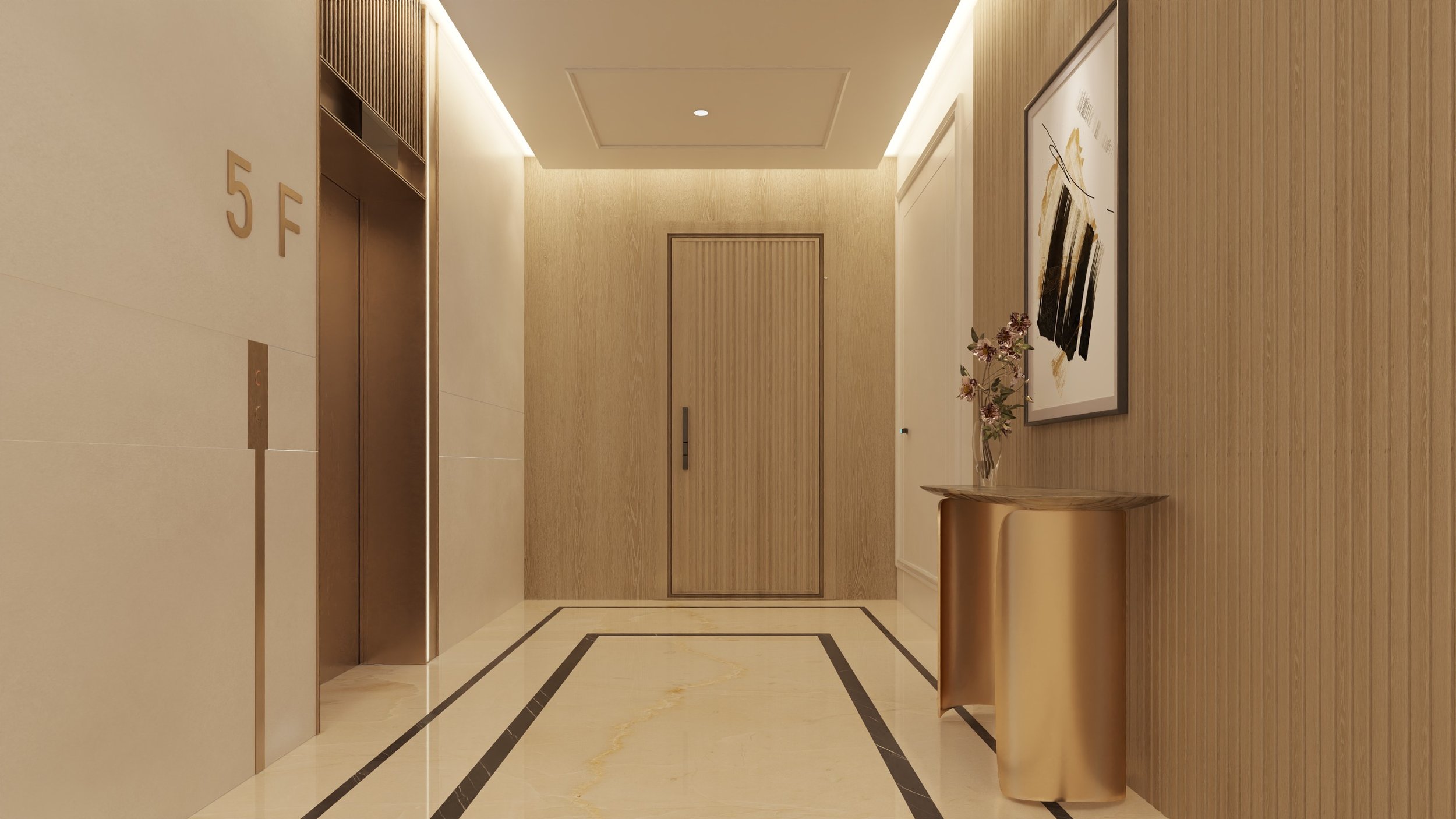 Hospital hallway with elevator, gold-colored wall accents, and artwork, with a table holding flowers on the right.