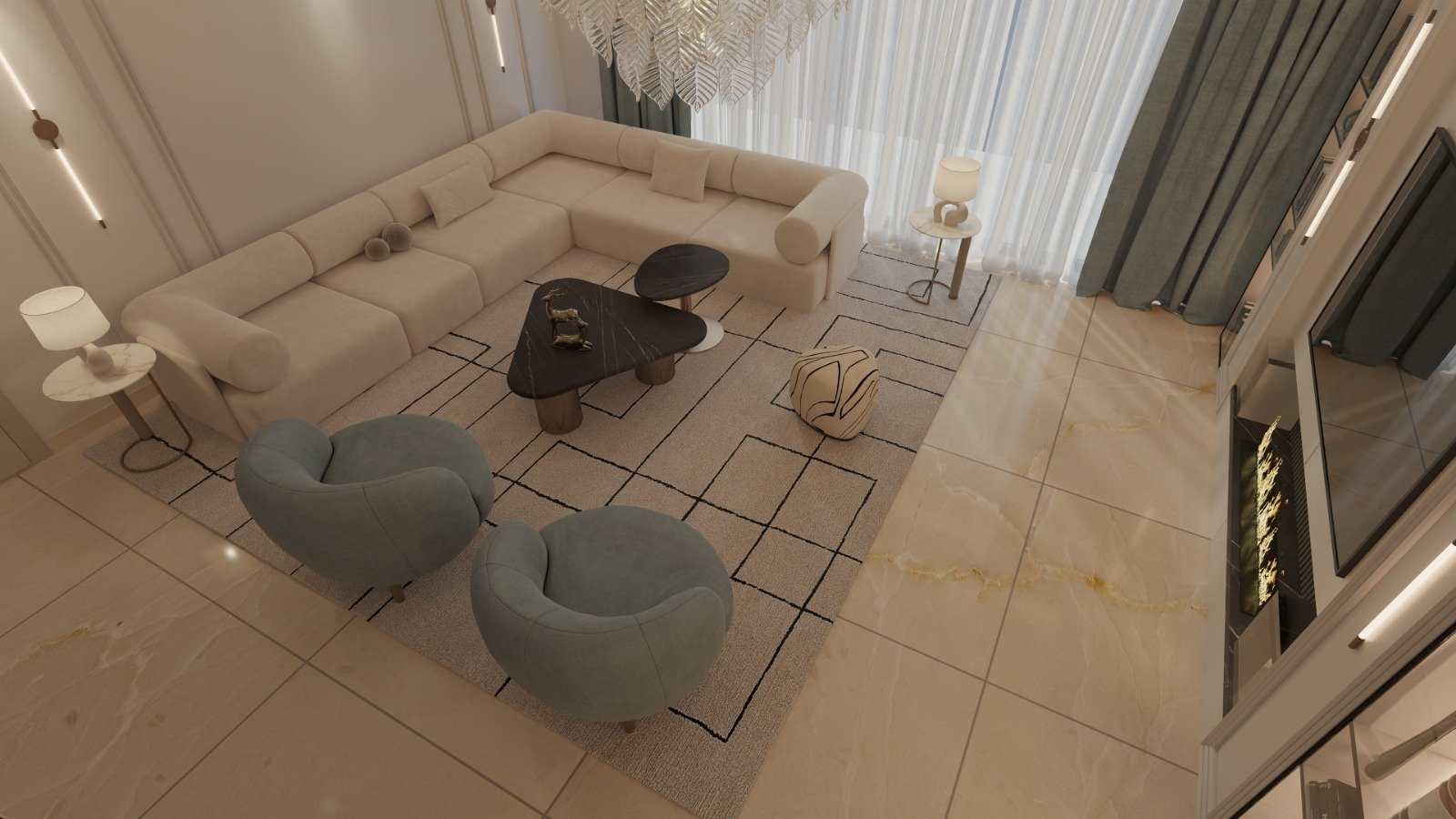 Living room with marble floor, beige area rug, cream L-shaped sofa, two teal armchairs, black coffee table, side tables with lamps, curtains, and modern decor.