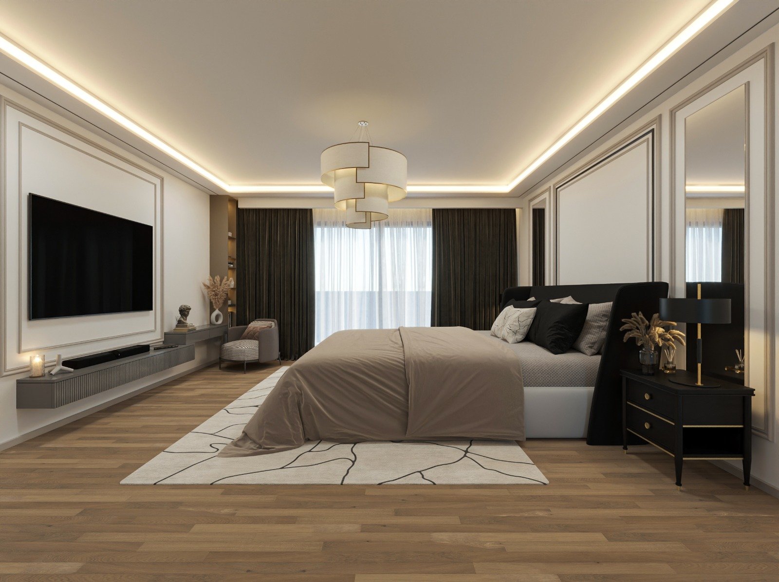 Modern kitchen with beige cabinets, a marble backsplash, black fridge, and upper wooden storage cabinets with glass doors.