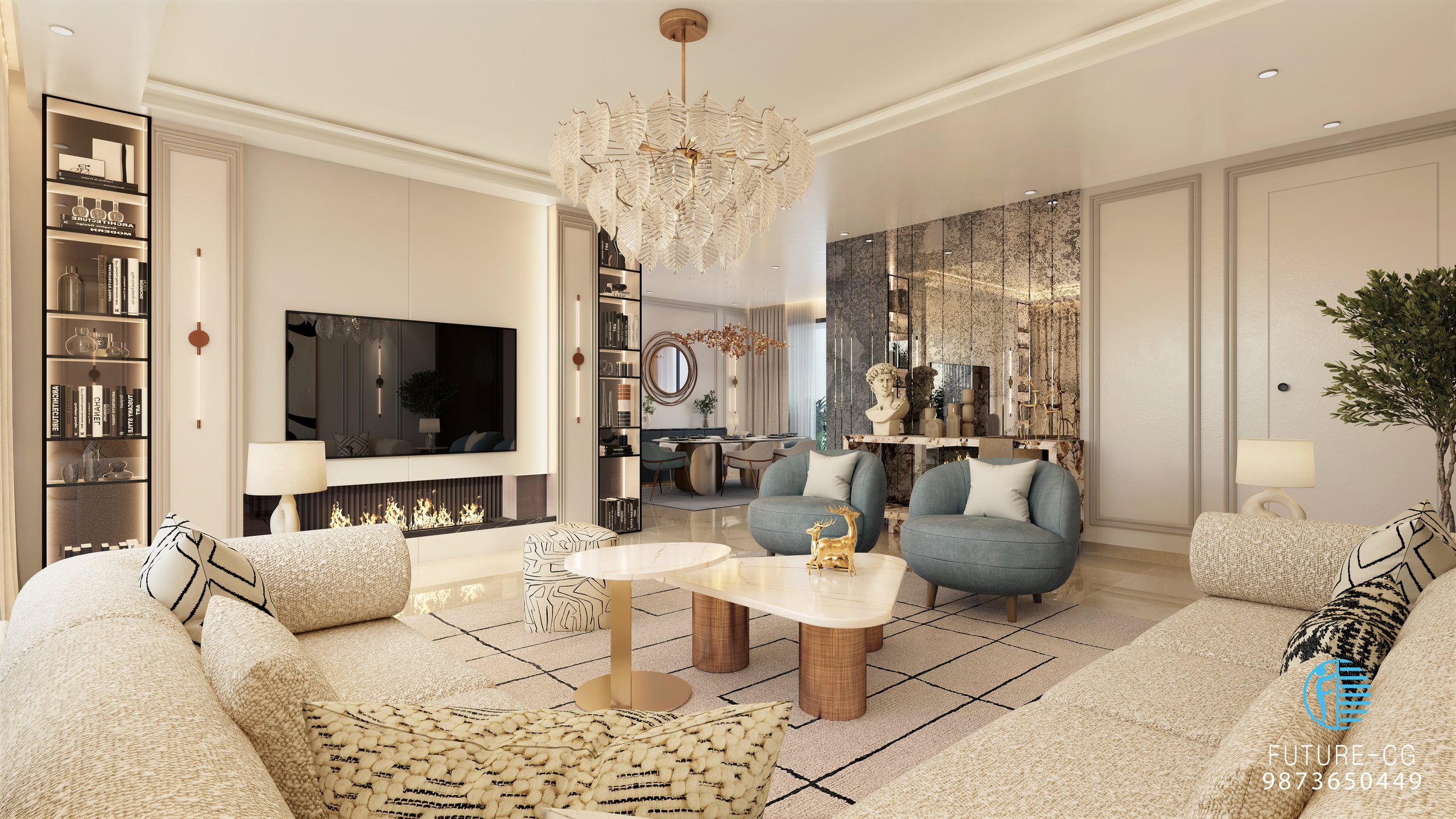 Modern living room with beige sofas, a marble coffee table, and a TV over a fireplace. Decor includes a chandelier, bookshelves, cushions, art pieces, and a large plant.